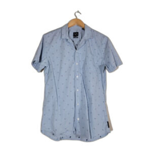 Armani Exchange Fitted Palm Trees Blue Button Shirt - Medium